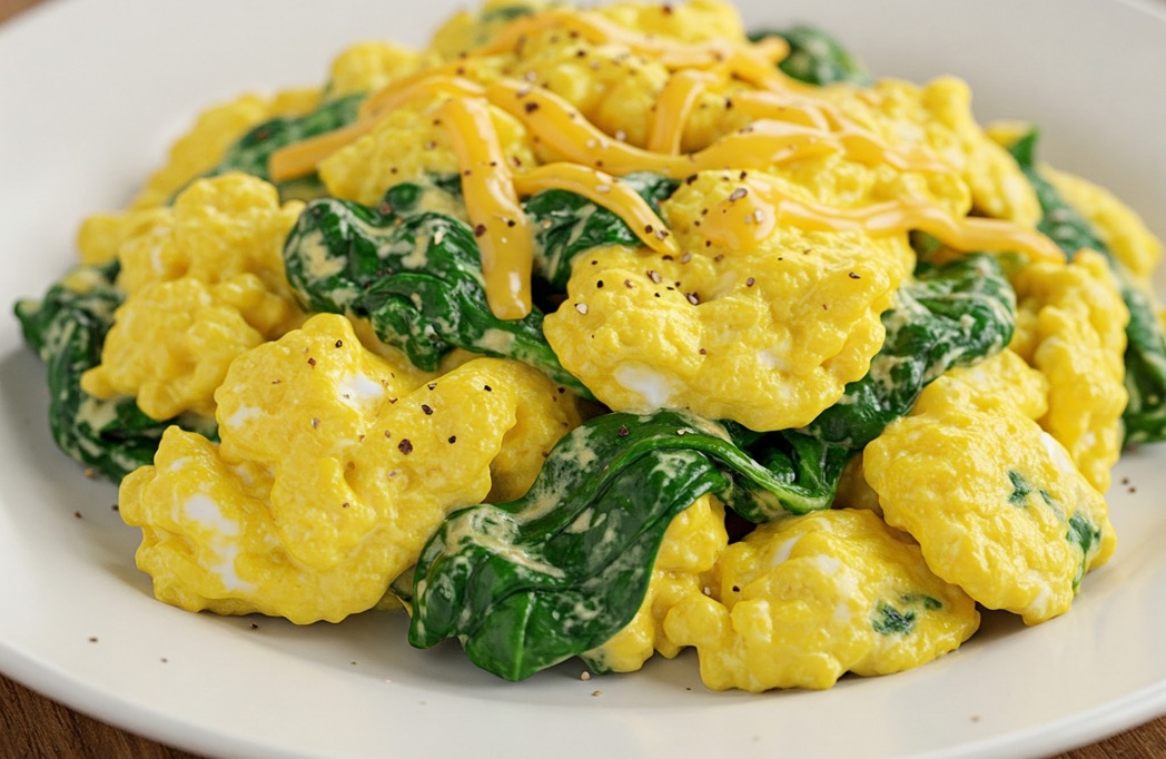 2.Quick Scrambled Eggs with Spinach and Cheese
